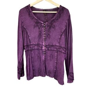 Women’s Purple Embroidered Button Front Festival Boho Top XL Whimsigoth Fairy